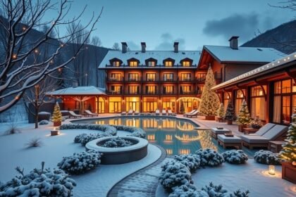 Téli wellness szálloda úszómedencével és karácsonyi díszítéssel Magyarországon.