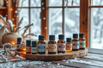 Téli lakásillóolaj-gyűjtemény fenyőfával és gyertyákkal az ablak mellett.