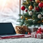 Karácsonyi laptop és ajándékcsomagok a karácsonyfa alatt.