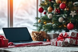 Karácsonyi laptop és ajándékcsomagok a karácsonyfa alatt.