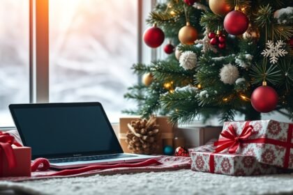 Karácsonyi laptop és ajándékcsomagok a karácsonyfa alatt.