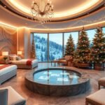 Téli wellness szoba, pezsgőfürdővel és karácsonyfákkal díszítve.