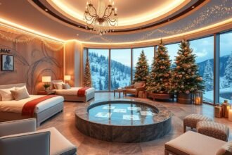 Téli wellness szoba, pezsgőfürdővel és karácsonyfákkal díszítve.