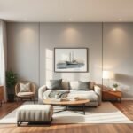 Modern szoba berendezése világos színekkel és stílusos bútorokkal.