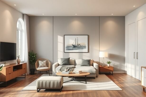 Modern szoba berendezése világos színekkel és stílusos bútorokkal.