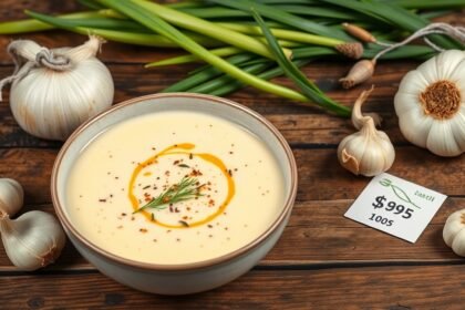 Hagymakrémleves tál, friss hozzávalókkal és árkategóriával.