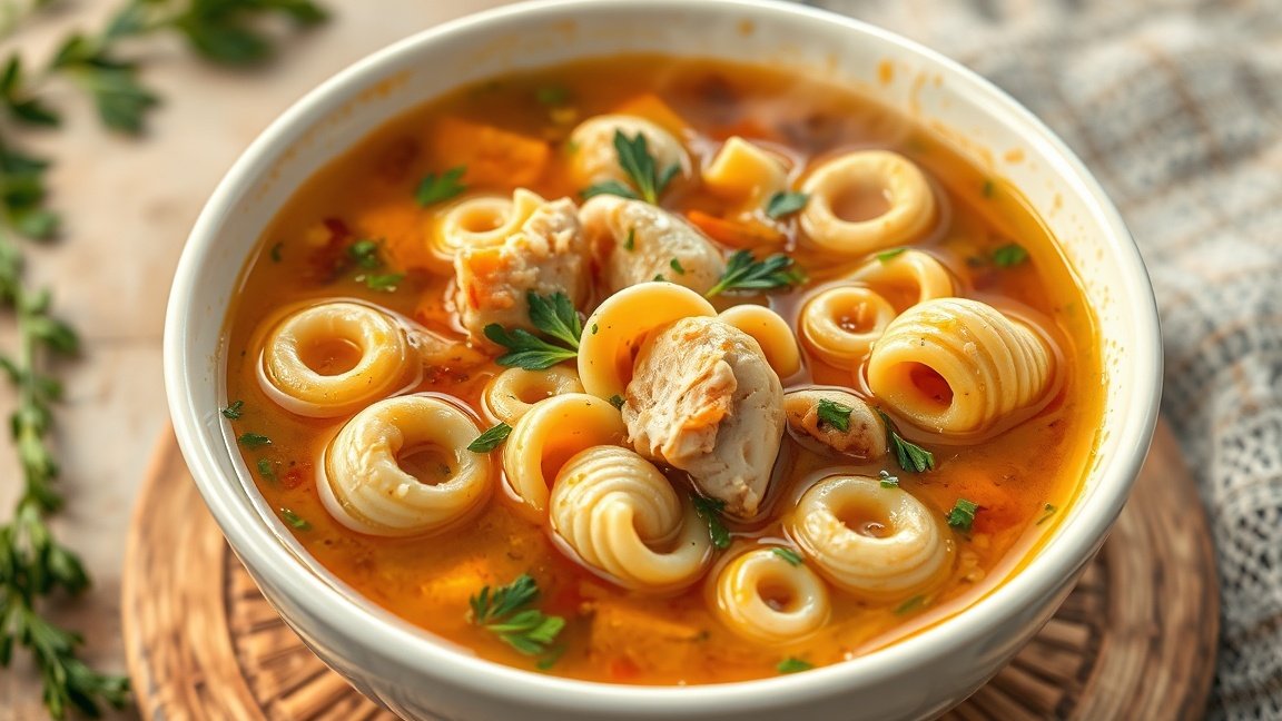 Tál húsleves csigatésztával friss zöldségekkel és fűszerekkel.