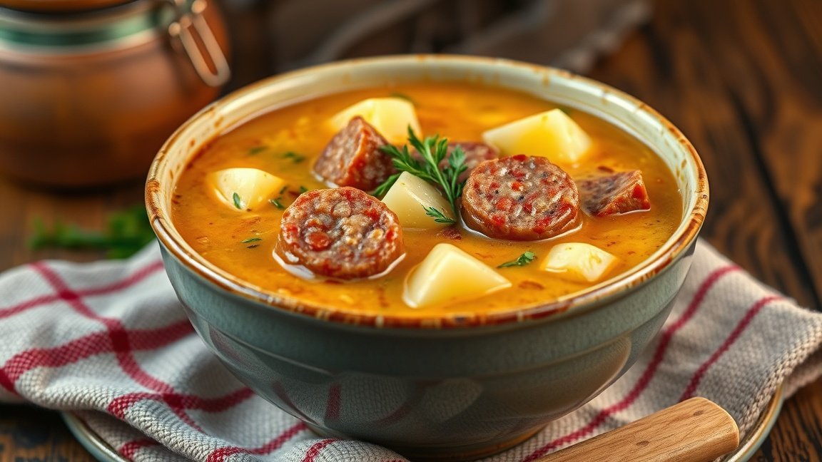 Krumplileves kolbásszal tálban, friss zöldfűszerekkel díszítve.