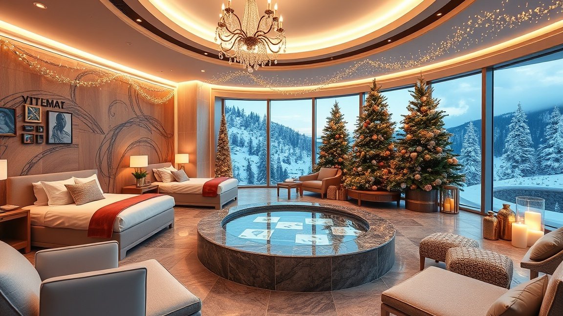 Téli wellness szoba, pezsgőfürdővel és karácsonyfákkal díszítve.