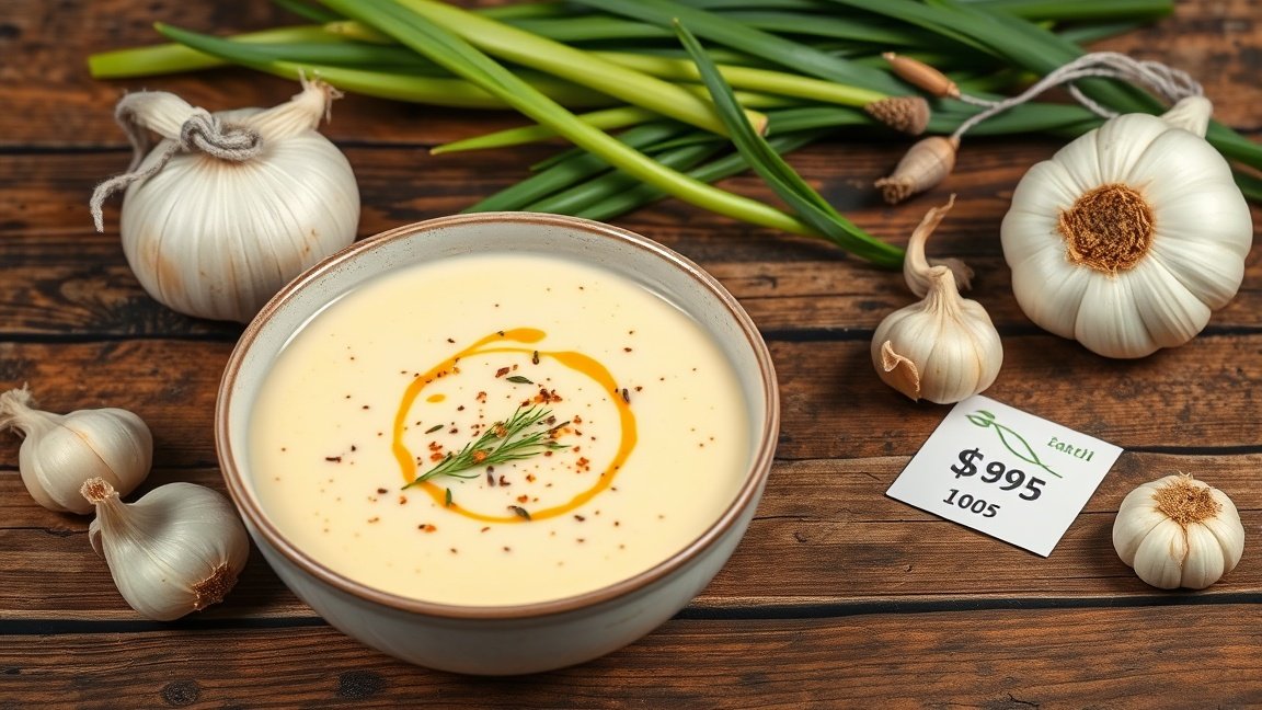 Hagymakrémleves tál, friss hozzávalókkal és árkategóriával.