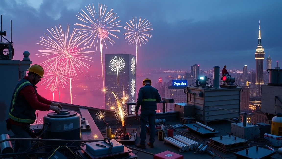 Tűzijáték előkészületek a város felett szilveszterkor.