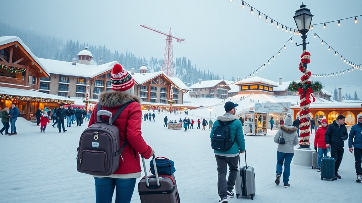 Tél a hegyekben, szilveszteri utazás hóval borított városban.