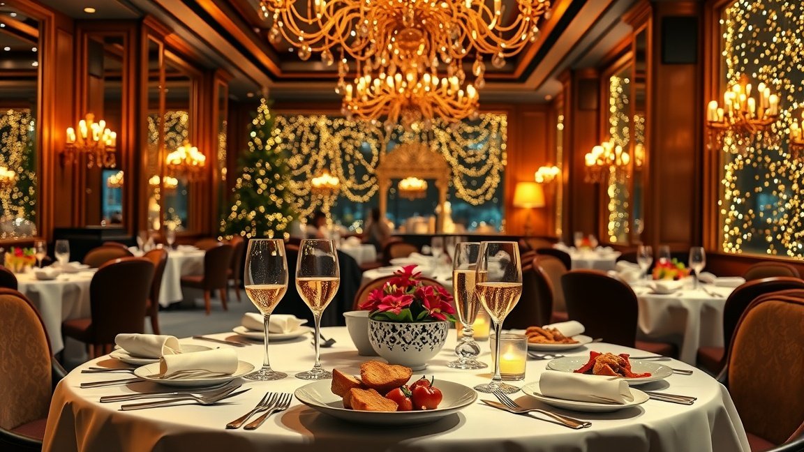 Elegáns szilveszteri vacsora étteremben, ünnepi dekorációval.