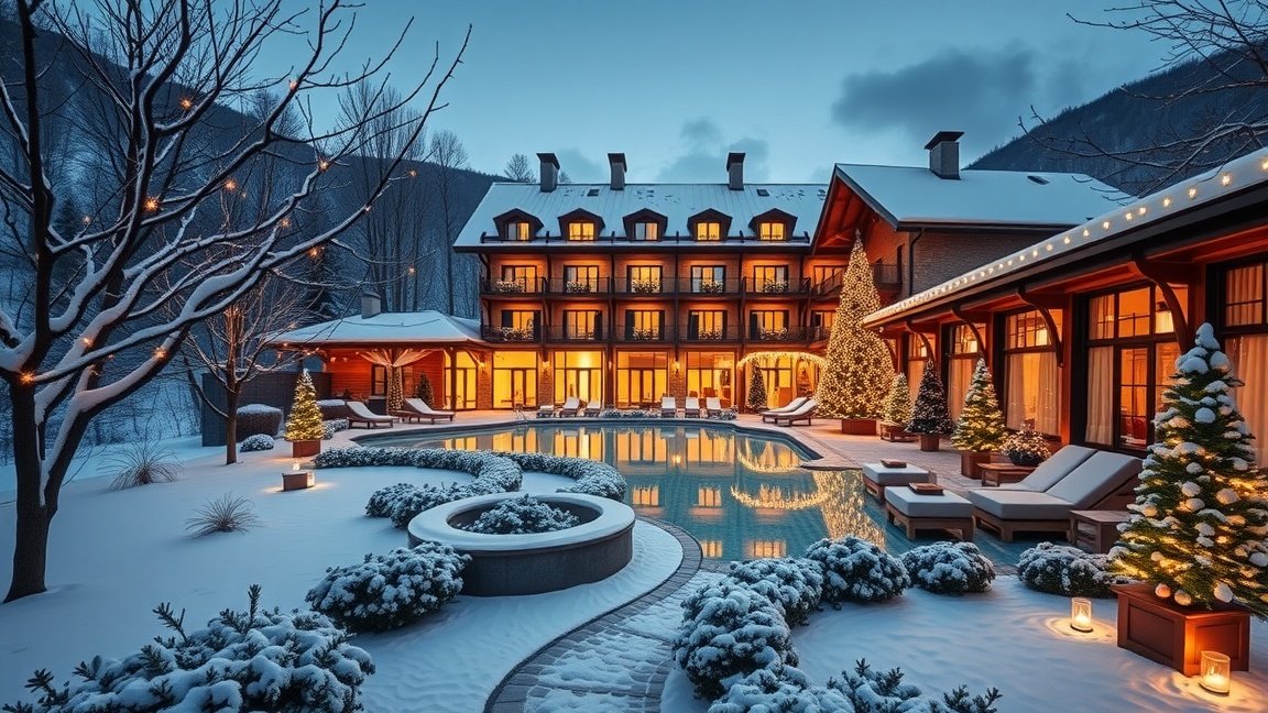 Téli wellness szálloda úszómedencével és karácsonyi díszítéssel Magyarországon.