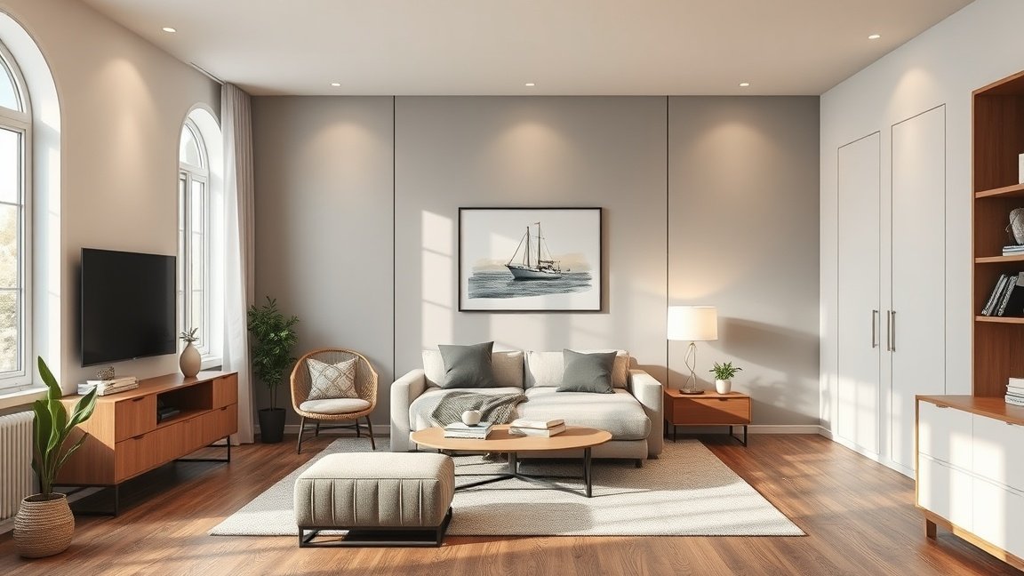 Modern szoba berendezése világos színekkel és stílusos bútorokkal.