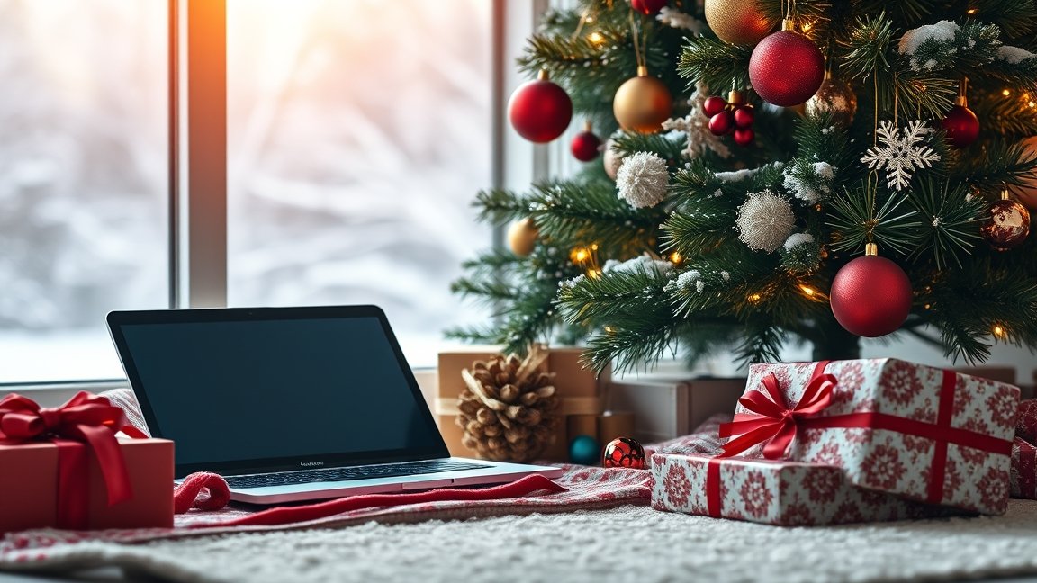 Karácsonyi laptop és ajándékcsomagok a karácsonyfa alatt.