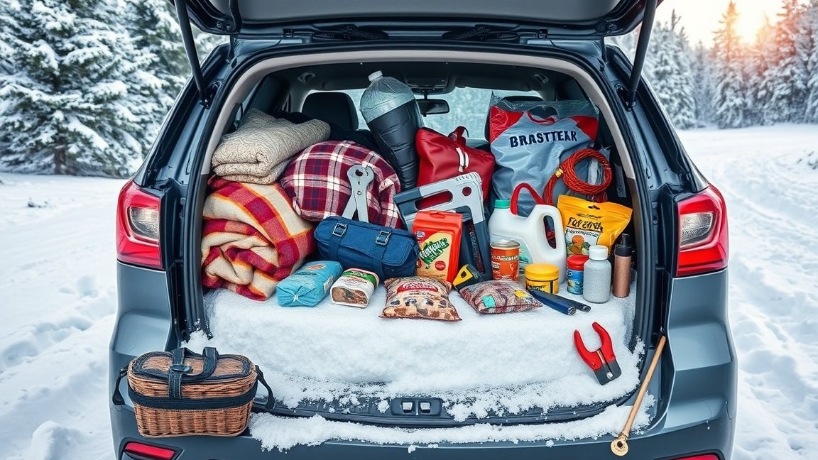 Téli autós túlélőcsomag az autó csomagtartójában hóesésben