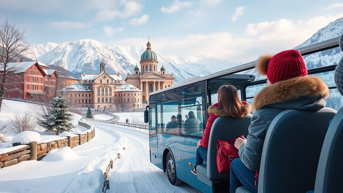 Téli buszos kirándulás gyönyörű hófödte tájak között