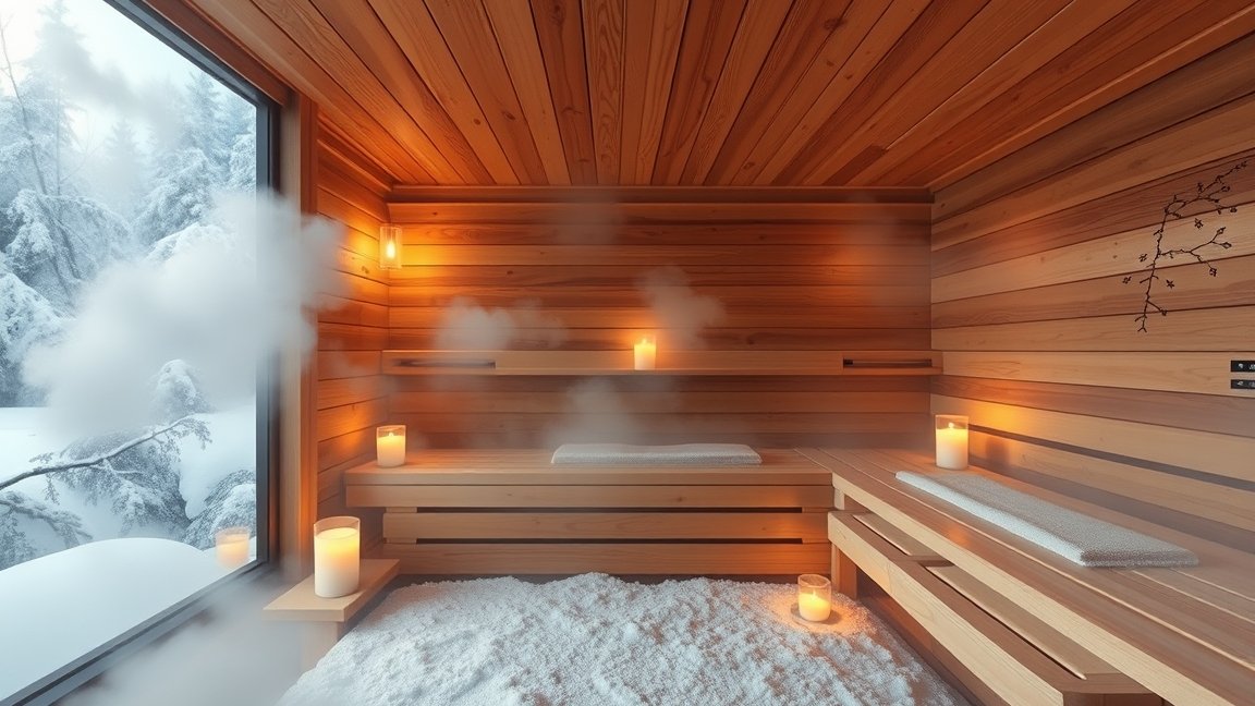 Téli szauna belső tér gőz és gyertyafénnyel