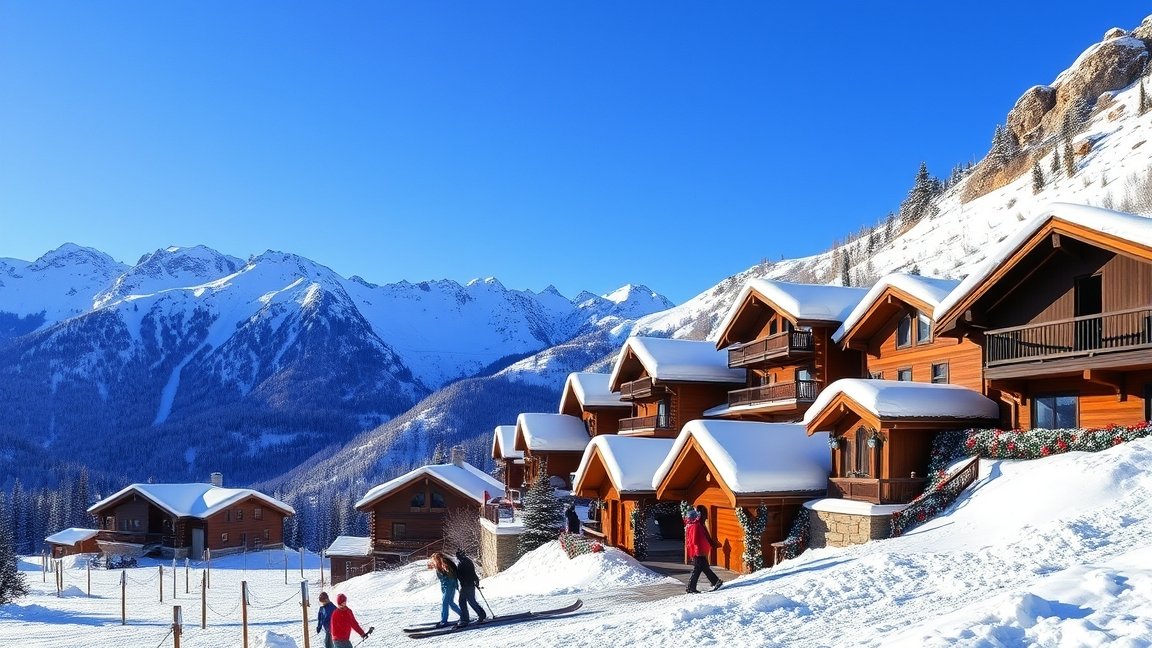 Téli hegyi üdülés festői tája síelőkkel és hegyi kunyhókkal