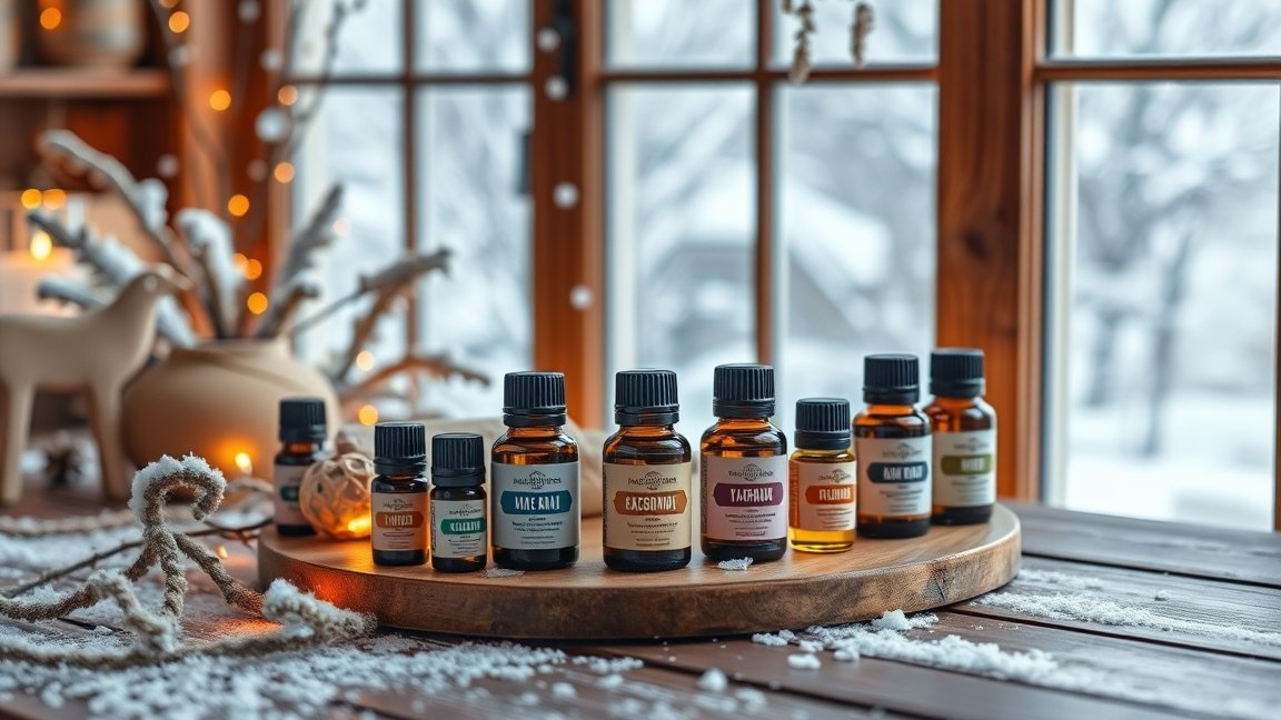 Téli lakásillóolaj-gyűjtemény fenyőfával és gyertyákkal az ablak mellett.