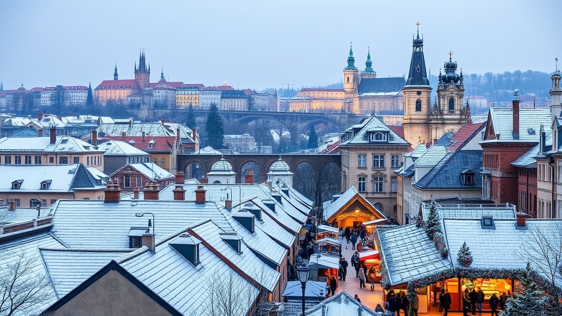 Téli táj Prágában, hóval borított tetők és történelmi látványosságok.