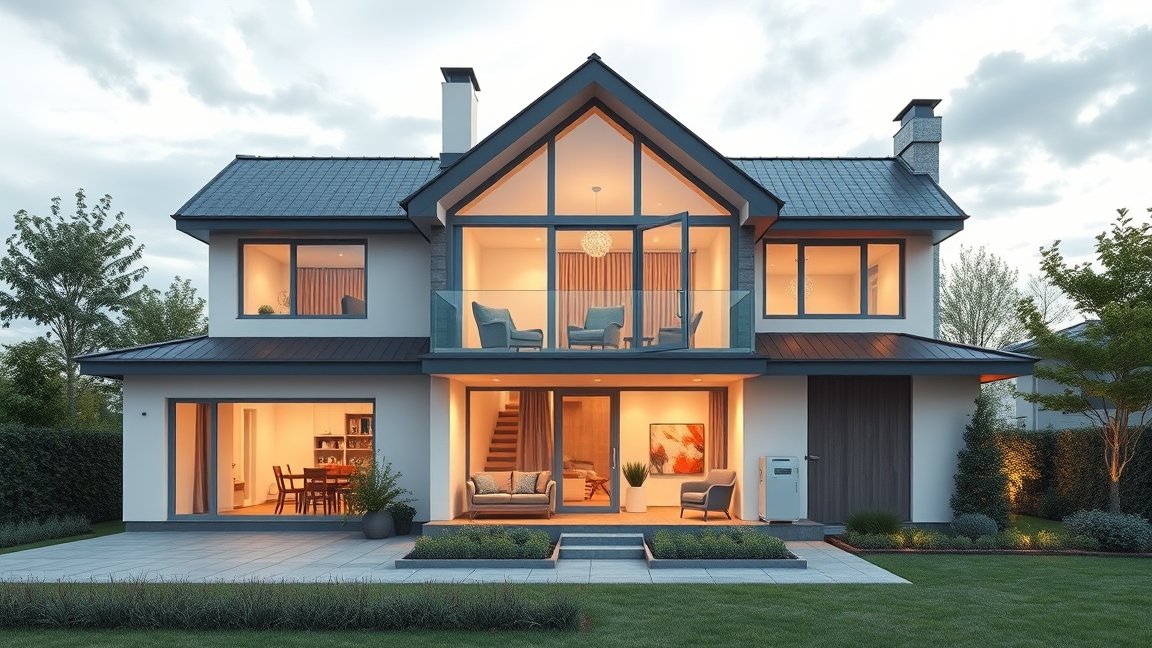 Modern ház terasz és kert elektromos fűtési rendszerekkel.