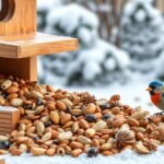 Téli madáretető dolgos madarakkal és különféle madáreleségekkel.