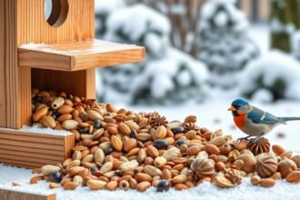 Téli madáretető dolgos madarakkal és különféle madáreleségekkel.
