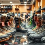 Téli túrabakancsok a boltban, különböző árakkal és típusokkal.