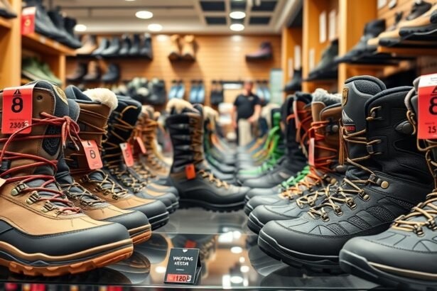 Téli túrabakancsok a boltban, különböző árakkal és típusokkal.