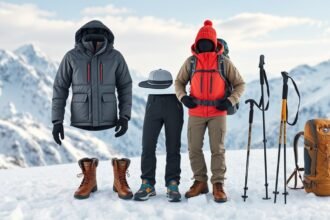 Téli túrafelszerelés szett a hegyekben, ideális téli túrázáshoz.