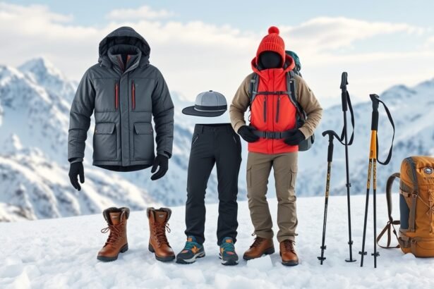 Téli túrafelszerelés szett a hegyekben, ideális téli túrázáshoz.