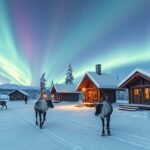 Lappföld téli táj északi fényekkel és rénszarvasokkal