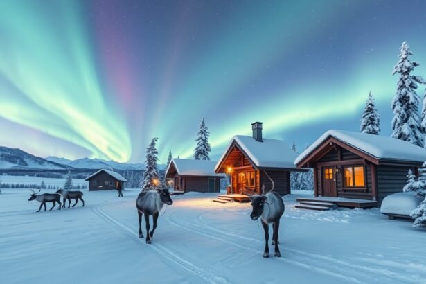 Lappföld téli táj északi fényekkel és rénszarvasokkal