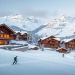 Luxus síüdülő téli táj, síelőkkel a hófödte lejtőn