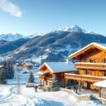 Téli táj Svájcban, hegyek és fák között modern faházakkal.