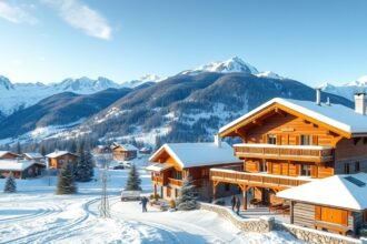 Téli táj Svájcban, hegyek és fák között modern faházakkal.