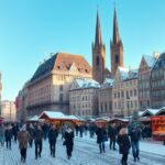 Téli városlátogatás egy hóval borított utcában, nyüzsgő emberekkel és karácsonyi vásárral.