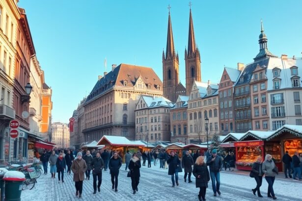 Téli városlátogatás egy hóval borított utcában, nyüzsgő emberekkel és karácsonyi vásárral.