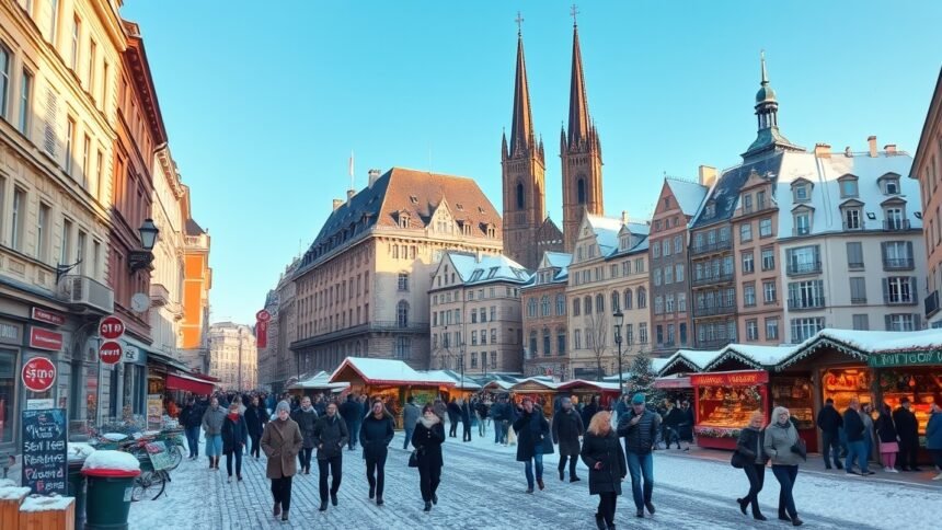 Téli városlátogatás egy hóval borított utcában, nyüzsgő emberekkel és karácsonyi vásárral.