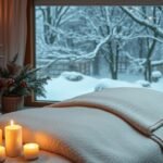 Téli masszázs helyszín gyertyákkal és pihenőággyal