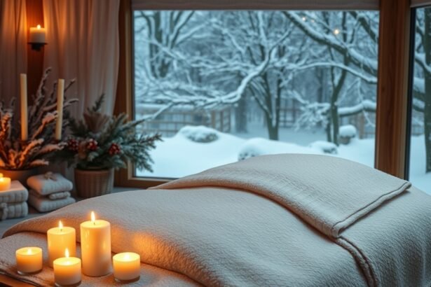 Téli masszázs helyszín gyertyákkal és pihenőággyal