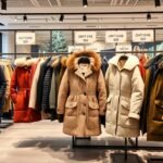 Télikabátok a boltban, különböző színek és árak láthatók.