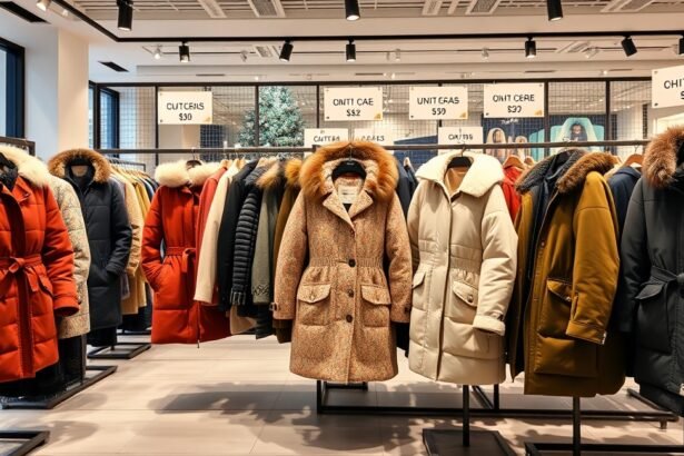 Télikabátok a boltban, különböző színek és árak láthatók.