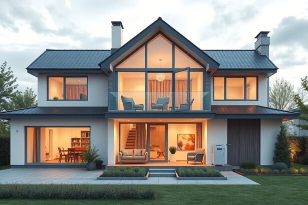 Modern ház terasz és kert elektromos fűtési rendszerekkel.