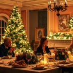 Elegáns karácsonyi vacsora ünnepi dekorációval és gyertyákkal.