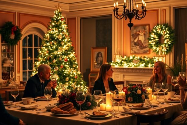 Elegáns karácsonyi vacsora ünnepi dekorációval és gyertyákkal.