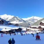 Síelés Ausztriában hóval borított hegyvidéken.