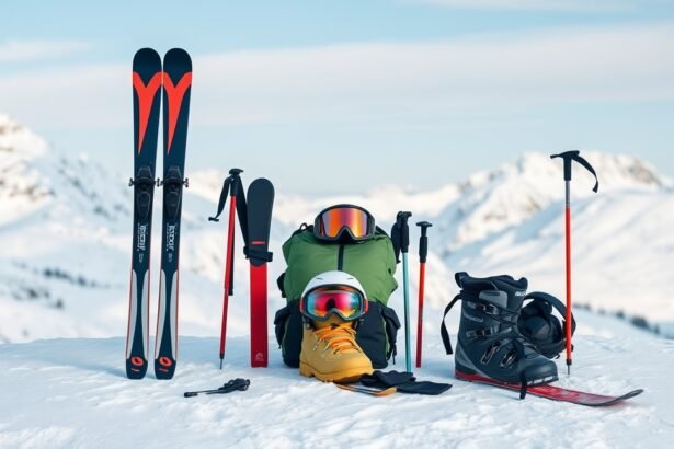 Teljes sífelszerelés csomag a hóban, síléc, sícipő, fejlámpa